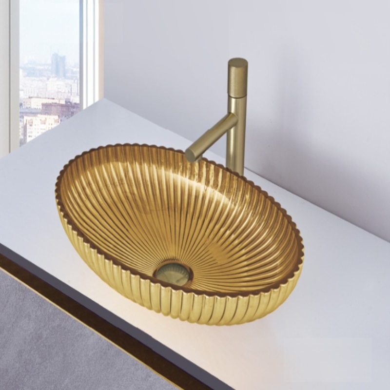 Modern Style design Golden color Oval Shape glass basin bathroom sink